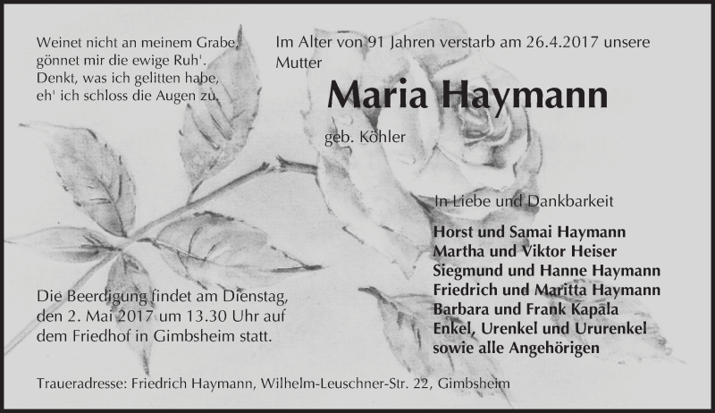  Traueranzeige für Maria Haymann vom 29.04.2017 aus Trauerportal Rhein Main Presse