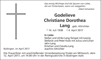 Traueranzeige von Christiane Dorothea Lang von  Kreisanzeiger