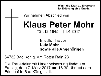 Traueranzeige von Klaus Peter Mohr von Trauerportal Echo Online