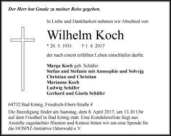 Traueranzeige von Wilhelm Koch von Trauerportal Echo Online