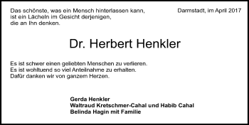 Traueranzeige von Herbert Henkler von Trauerportal Echo Online