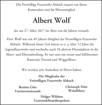 Traueranzeige von Albert Wolf von Trauerportal Echo Online