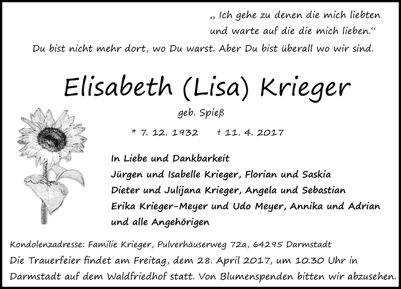 Traueranzeige für Elisabeth Lisa Krieger vom 15.04.2017 aus Trauerportal Echo Online
