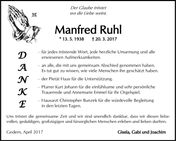 Traueranzeige von Manfred Ruhl von  Kreisanzeiger