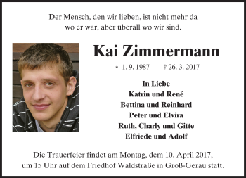 Traueranzeige von Kai Zimmermann von Trauerportal Echo Online