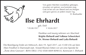 Traueranzeige von Ilse Ehrhardt von Trauerportal Echo Online