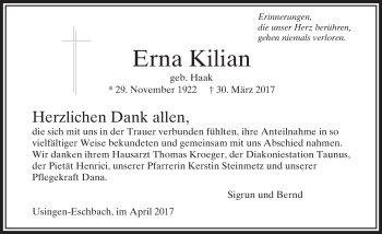 Traueranzeige von Erna Kilian von  Usinger Anzeiger