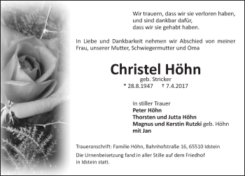 Traueranzeige von Christel Höhn von Trauerportal Rhein Main Presse