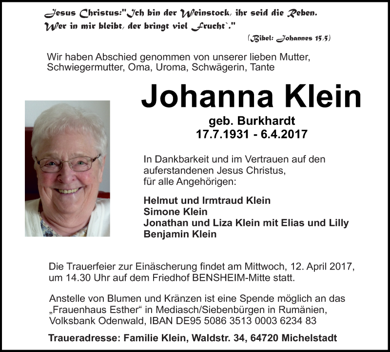  Traueranzeige für Johanna Klein vom 08.04.2017 aus Trauerportal Echo Online