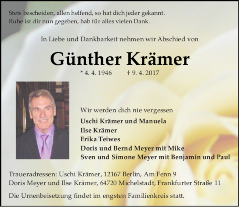 Traueranzeige für Günther Krämer vom 15.04.2017 aus Trauerportal Echo Online