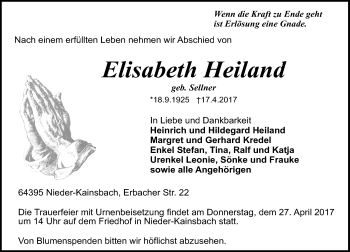 Traueranzeige von Elisabeth Heiland von Trauerportal Echo Online