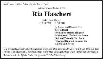 Traueranzeige von Ria Haschert von Trauerportal Echo Online