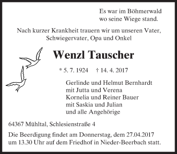 Traueranzeige von Wenzl Tauscher von Trauerportal Echo Online