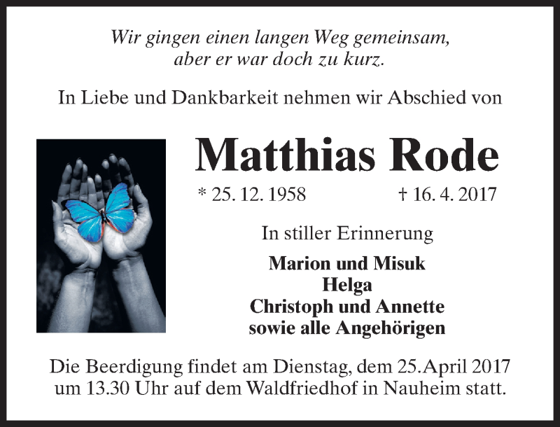  Traueranzeige für Matthias Rode vom 20.04.2017 aus Trauerportal Rhein Main Presse