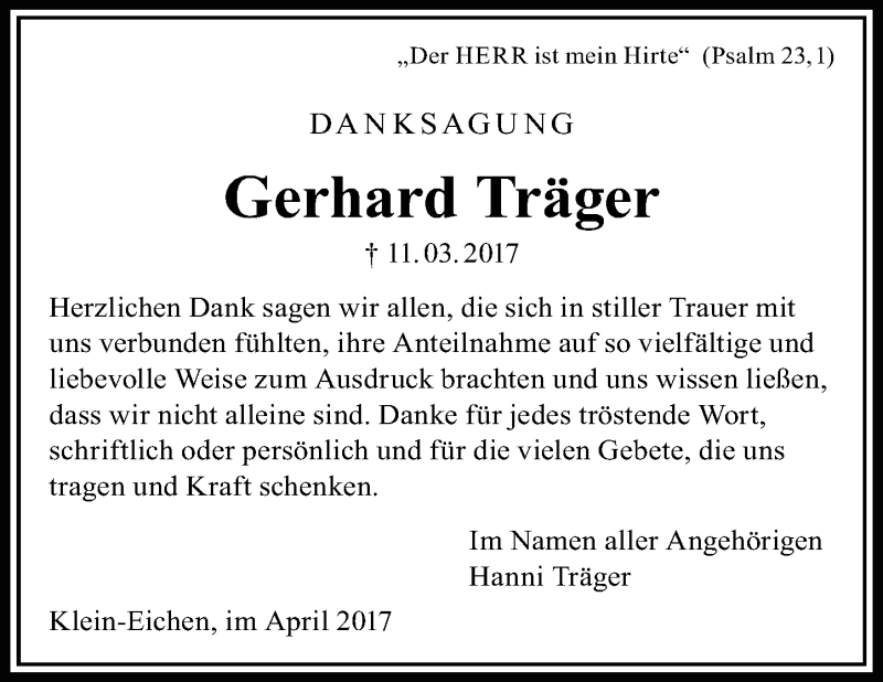 Traueranzeige für Gerhard Träger vom 26.04.2017 aus  Gießener Anzeiger