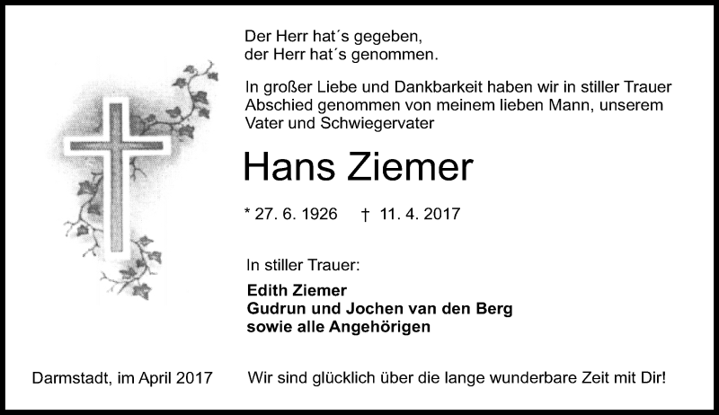  Traueranzeige für Hans Ziemer vom 22.04.2017 aus Trauerportal Echo Online