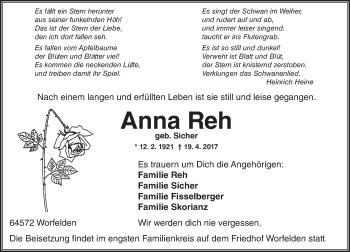 Traueranzeige von Anna Reh von Trauerportal Echo Online