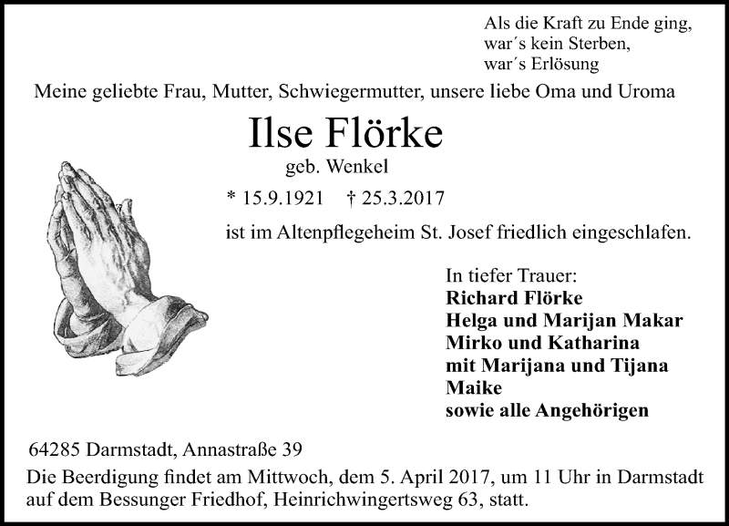  Traueranzeige für Ilse Flörke vom 01.04.2017 aus Trauerportal Echo Online