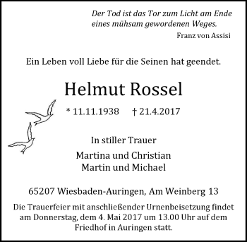 Traueranzeige von Helmut Rossel von Trauerportal Rhein Main Presse