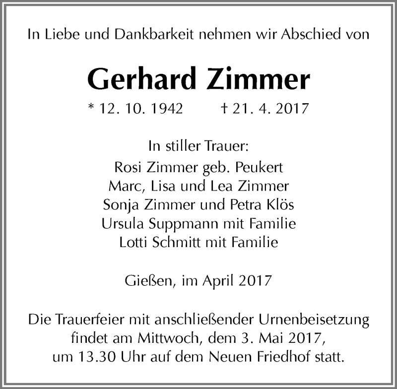  Traueranzeige für Gerhard Zimmer vom 29.04.2017 aus  Gießener Anzeiger