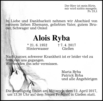 Traueranzeige von Maria Ryba von  Gießener Anzeiger