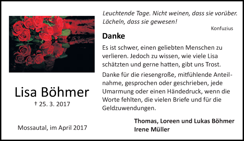  Traueranzeige für Lisa Böhmer vom 22.04.2017 aus Trauerportal Echo Online