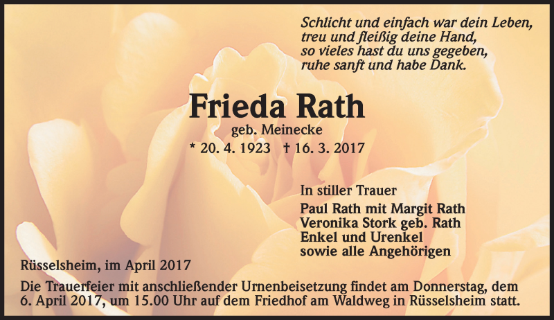  Traueranzeige für Frieda Rath vom 01.04.2017 aus Trauerportal Rhein Main Presse