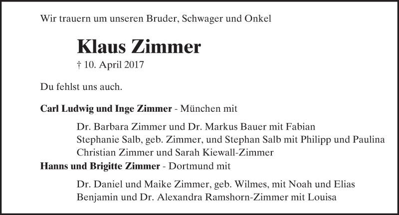  Traueranzeige für Klaus Zimmer vom 22.04.2017 aus Trauerportal Echo Online