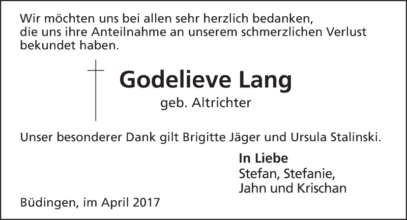  Traueranzeige für Godelieve Lang vom 22.04.2017 aus  Kreisanzeiger