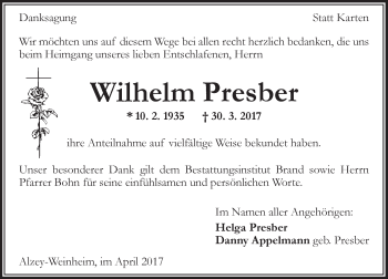 Traueranzeige von Wilhelm Presber von Trauerportal Rhein Main Presse