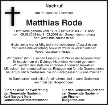 Traueranzeige von Matthias Rode von Trauerportal Rhein Main Presse