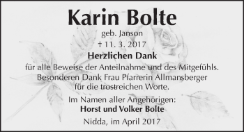 Traueranzeige von Karin Bolte von  Kreisanzeiger