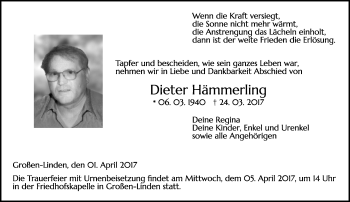 Traueranzeige von Dieter Hämmerling von  Gießener Anzeiger