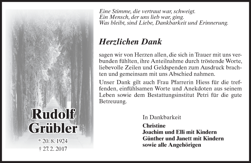  Traueranzeige für Rudolf Grübler vom 01.04.2017 aus Trauerportal Rhein Main Presse
