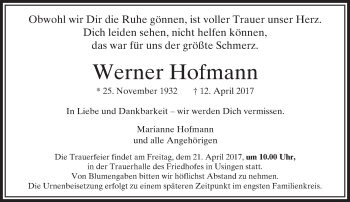 Traueranzeige von Werner Hofmann von  Usinger Anzeiger