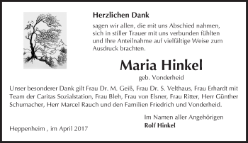 Traueranzeige von Maria Hinkel von Trauerportal Echo Online