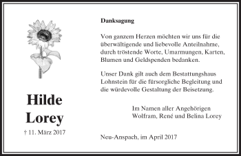 Traueranzeige von Hilde Lorey von  Usinger Anzeiger