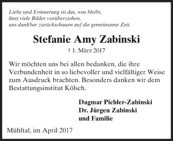 Traueranzeige von Stefanie Amy Zabinski von Trauerportal Echo Online