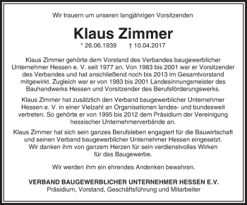 Traueranzeige von Klaus Zimmer von Trauerportal Echo Online