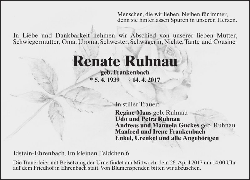  Traueranzeige für Renate Ruhnau vom 22.04.2017 aus Trauerportal Rhein Main Presse