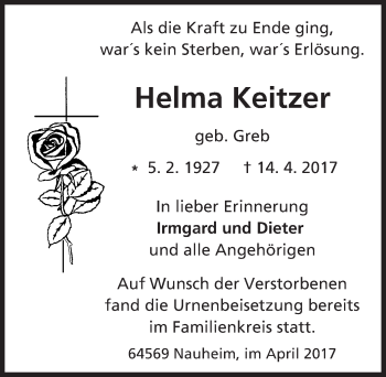 Traueranzeige von Helma Keitzer von Trauerportal Echo Online