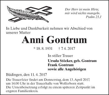 Traueranzeige von Anni Gontrum von  Kreisanzeiger