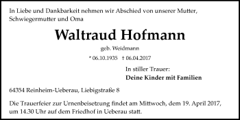 Traueranzeige von Waltraud Hofmann von Trauerportal Echo Online