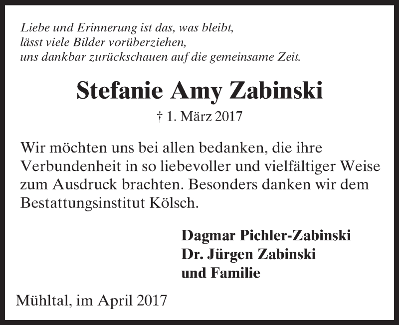  Traueranzeige für Stefanie Amy Zabinski vom 08.04.2017 aus Trauerportal Echo Online