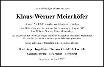 Traueranzeige von Klaus-Werner Meierhöfer von Trauerportal Rhein Main Presse