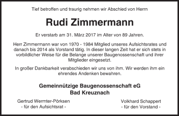 Traueranzeige von Rudi Zimmermann von Trauerportal Rhein Main Presse