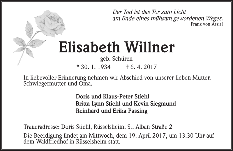  Traueranzeige für Elisabeth Willner vom 15.04.2017 aus Trauerportal Rhein Main Presse