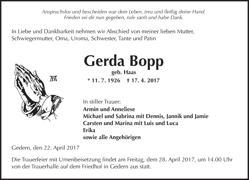  Traueranzeige für Gerda Bopp vom 22.04.2017 aus  Kreisanzeiger