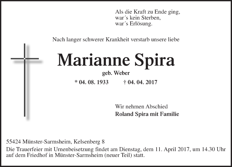  Traueranzeige für Marianne Spira vom 08.04.2017 aus Trauerportal Rhein Main Presse