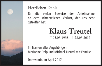 Traueranzeige von Klaus Treutel von Trauerportal Echo Online